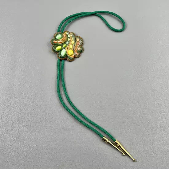 Bolo Tie Multi Colored Cats Eye Pottery Setting Green Rope Gold Tips Unisex West