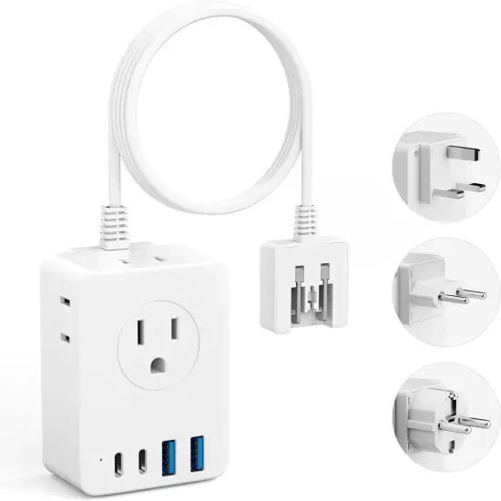 European Travel Plug Adapter, 5Ft Detachable Extension Cord with Type C/G/E/F 