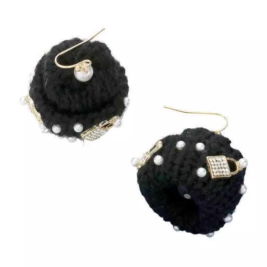 Black Pearl Key Lock Embellished Knit Beanie Hat Dangle Earrings