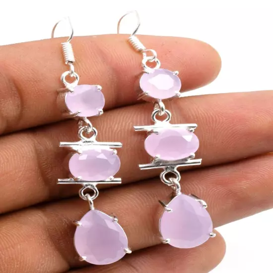 Rose Chalcedony Gemstone Ethnic Handmade Drop Dengle Earring Jewelry ER 274