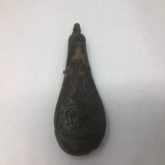 Antique Brass Powder Horn Flask wonderful embossed artwork pheasants rabbit hare