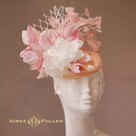 Kentucky Derby Fascinator Pink Satin Ivory White Rose Hat Royal Ascot Bridal Hat