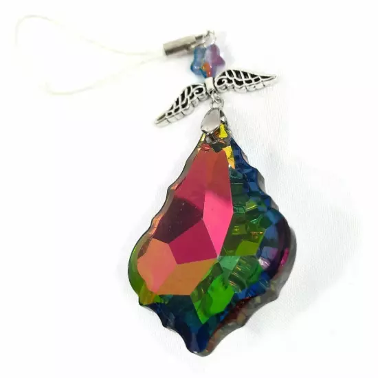 Tibetan Silver Pendant With Wing & Faceted Rainbow Crystal Jewel CellPhone Charm