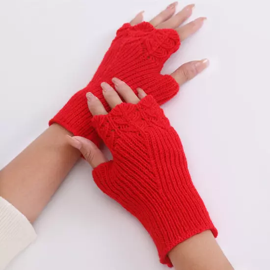 Womens Fingerless Gloves Wool Knitted Mittens Wrist Half Finger Short Gloves