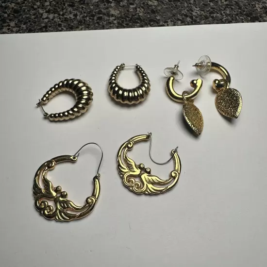 Retro Mix Hoop / Dangle Pierced Earrings Lot Of 3 Gold Tone 1 Black Enamel