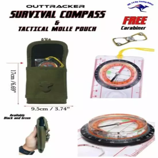 Survival Compass Magnifier Liquid Filled Tactical MOLLE Pouch & Carabiner