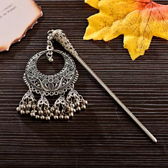 Boho Vintage Hair Pins Women Sliver Bells Tassel Carved Hair Sticks Hair Jewelry