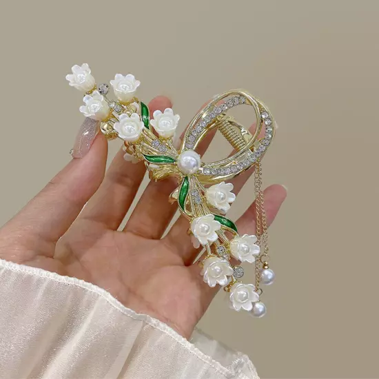 Large Rhinestone Hair Claw Pearl Flower Tassels Fan-shaped Metal Ponytail Clip