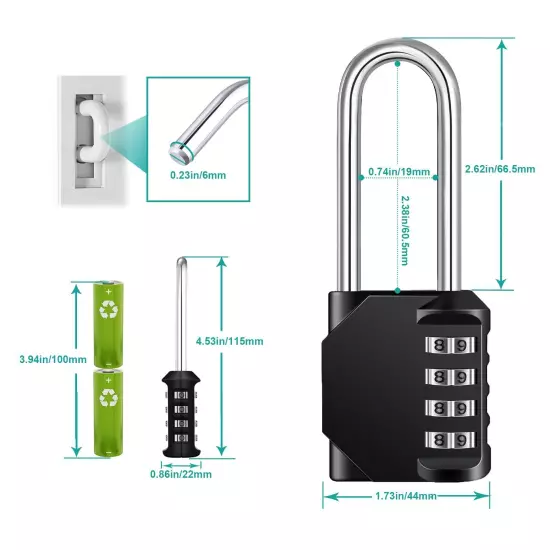 Long Shackle Combination Lock, 4 Digit Resettable Waterproof Padlock for Scho...