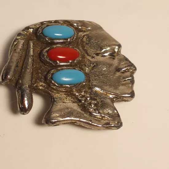 Vintage Bolo Tie Slide Native American Indian Face Old Turquoise Bolo 