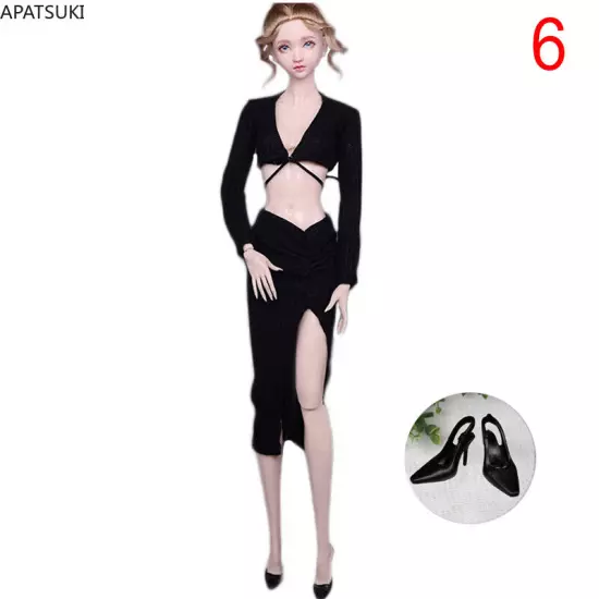 Black Dress For 11.5" Doll Outfits Clothes Top Split Skirt Clothes Set Sandals