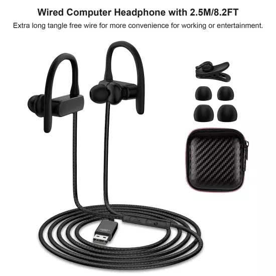 Computer Headphone USB Earphones 2.5M 8.2FT Wired Earbuds with Microphone Mu