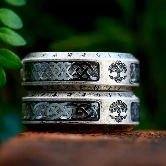 Vintage Viking Runes Celtic Knot Tree of Life Ring Stainless Steel Wedding Band