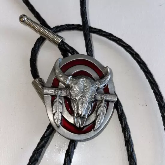 Vintage Siskiyou Pewter Bolo Tie Bull Target Braided Black Leather 1987