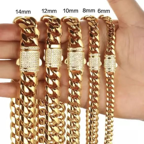 14k Gold Plated Stainless Steel Miami Cuban Link Bracelet Chain With CZ Clasp