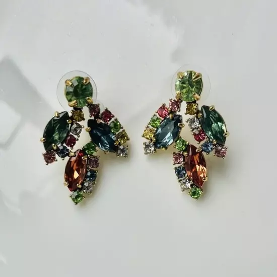 J Crew Crystal Leaf Multicolor Crystal Cluster Stud Statement Earrings