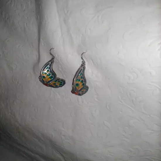  BUTTERFLY EARRINGS - SILVER TONE WITH MULTICOLORED ENAMEL 3-D