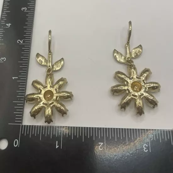 Betsey Johnson Daisy Flower with Green Leaves & Clear Crystal Earrings