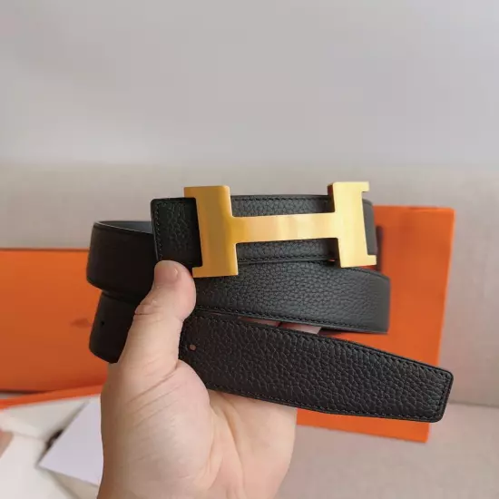 Hermès New Double-sided Men's Leather Belt Black gold buckle 38/95