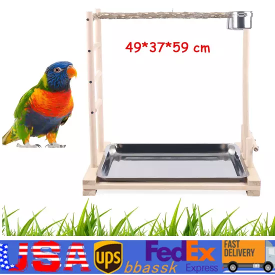 49*37*59cm Wood Bird Tree Stand Large Parrot Perch Playstand w/Steel Tray 2*Bowl