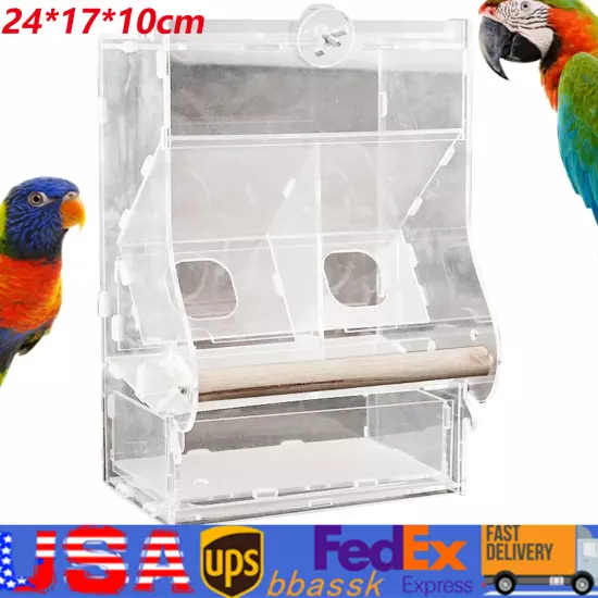 Clear Acrylic Bird Cage Feeder Double Hopper Wood Perches Automatic Feeder USA