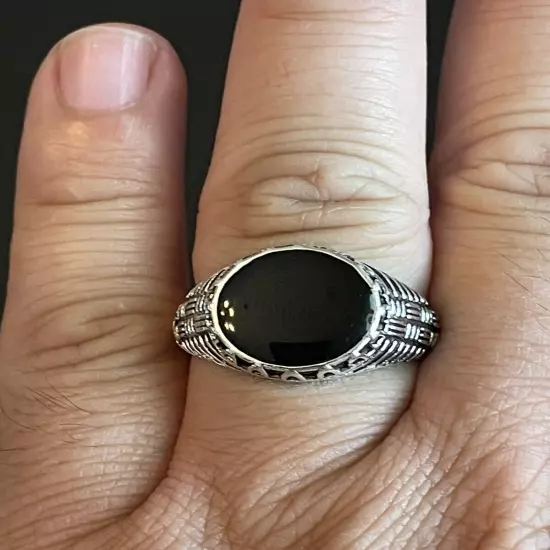 Round Black Obsidian Stone S925 Silver Plated Women Men Ring 