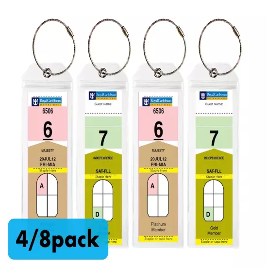 (4/8)Pack NARROW Cruise Tags - Luggage Etag Holder with Zip Seal & Steel Loops