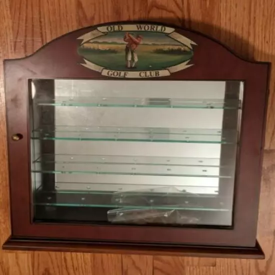 Golf Ball Display, Wood, Glass Door & Shelves, Mirrored Back (no golf balls)