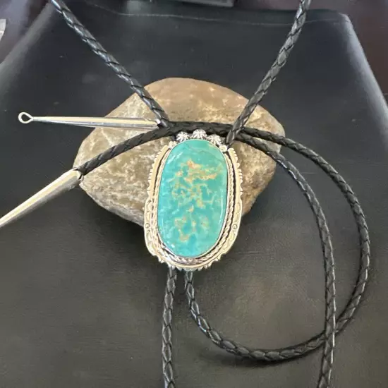 Navajo Bolo Tie Yazzie Sterling Silver Blue Green Turquoise 18007