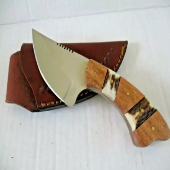 PRICE REDUCED 5.25" HANDCRAFTED CAT SKINNER, STAG&WOOD LEATHER SHEATH ....