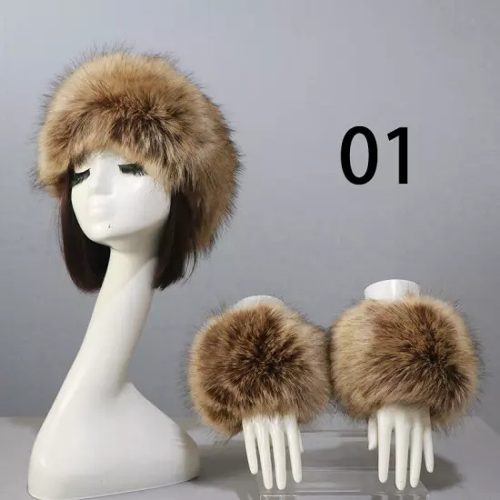 Women Wam Faux Fur Hat Cuff Set Winter Warmer Hat Arm Wrist Sleeve Gloves