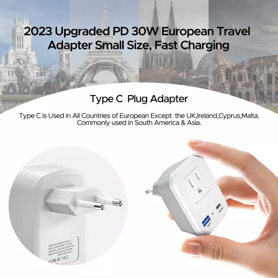 Type C Europe Travel Adapter, US to EUR Travel Plug with USB PD 30W for Italy...