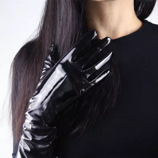 LATEX GLOVES Shine Leather Faux Patent Vegan PU 8" 21cm Short Basic Shine Black