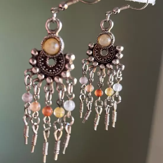 Boho Pierced Earrings Silver tone Beaded Chandelier 2.25"