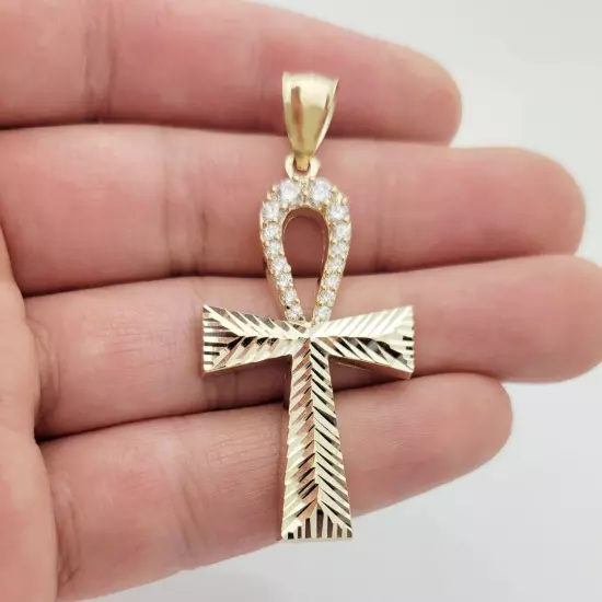 Mens Egyptian Ankh Cross Pendant 10k Yellow Gold Cross Charm Pendant 2 inch