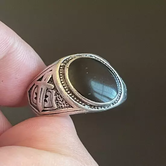 Natural Oval Black Obsidian S925 Antique Silver Men Statement Ring Size 8.5