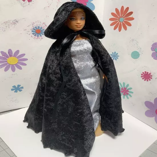 Black Panne Velvet Medieval Style Cape For Your 11.5” Fashion Doll