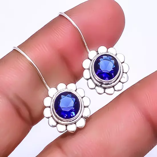 Blue Sapphire (Simulated) 925 Sterling Silver Bali Earring 1.17" E_9325_112_39