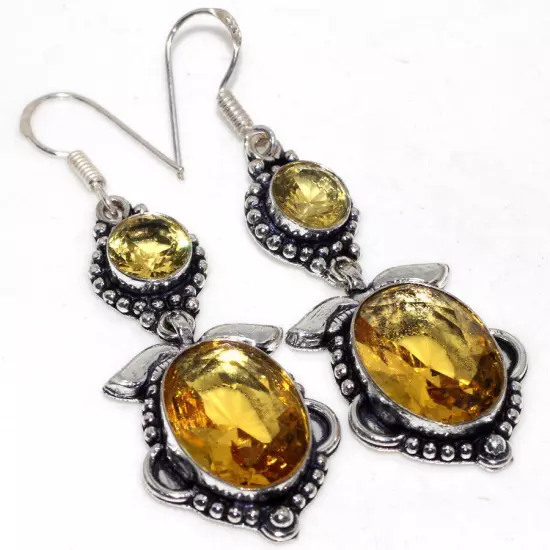 925 Silver Plated-Citrine Ethnic Long Gemstone Earrings Jewelry 2.5" GW