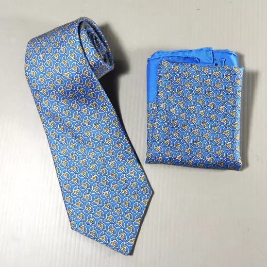 Vintage Hermes Tie with Matching Handkerchief - Blue with Geometric Print 7351