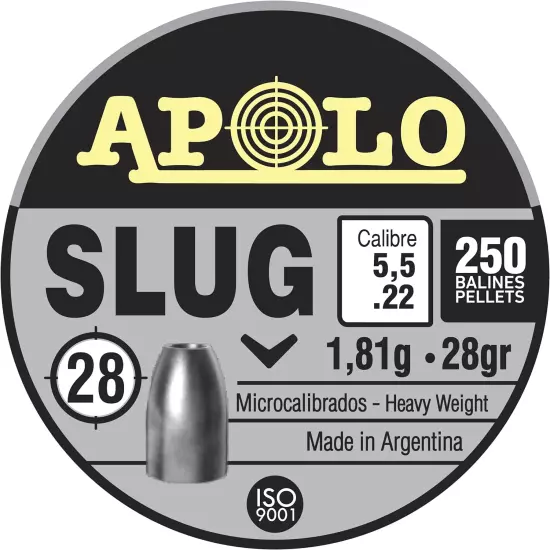 Apolo Slug Airgun Pellets, 5.5Mm.22 Caliber, 28 Grains, E19302 Silver