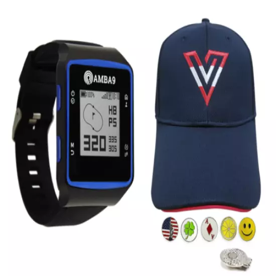 Amba9 GPS Golf Watch, 1 Volvik V-Logo Golf Hat, 5 Ball Markers, 1 Hat Clip