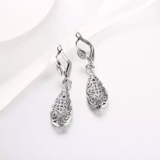 White 18K GOLD Filled Elegant Women Filigree Drop Earrings VINTAGE LOOK 