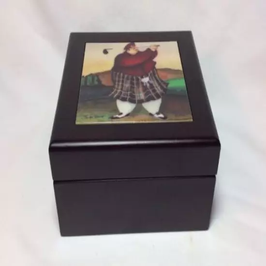 Mans Jennifer Garant Signed Jewelry Box w/Fat Scottish Golfer in Kilt Attire