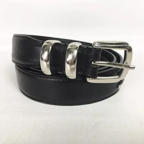 Johnston Murphy Men 40 Belt Black Leather Dress Silver Tone Tip Buckle Medallion