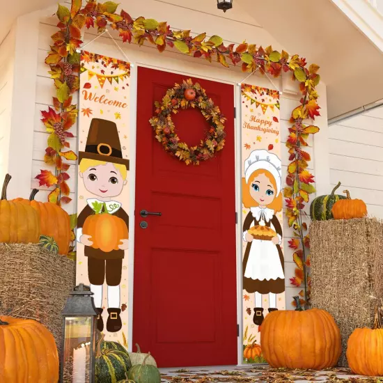 Fall Decorations Porch Banner Thanksgiving Decorations Pilgrim Boy and Girl P...