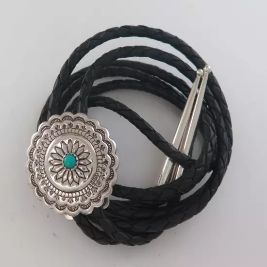 Sterling Silver & Turquoise Round Stamped Southwestern Concho Bolo Tie