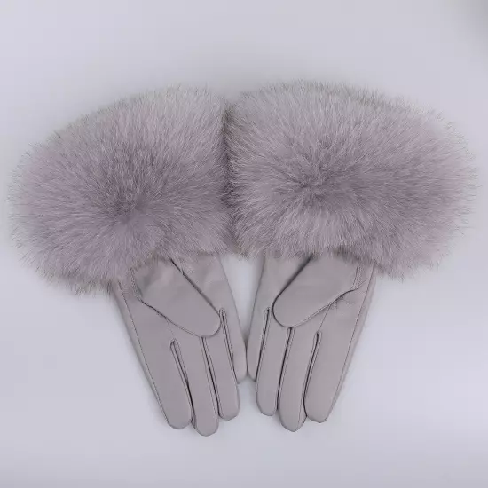 Women Genuine Lambskin Leather Gloves With Real Fox Fur Trim Cuff Winter Warm