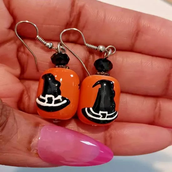 Witch Orange Black Dangle Drop Halloween Earrings Jewelry Stars