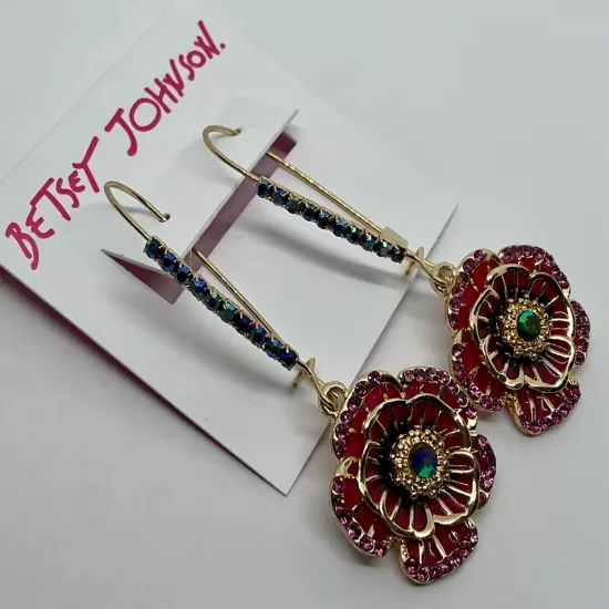 Betsey Johnson Dangle Earrings Red Floral Rose on Embellished Ear Wire NEW